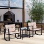 Voir la diapositive 2 : OUTSUNNY Ensemble de jardin 3 pièces style colonial 2 fauteuils à bascule avec coussins marron table basse étagère métal époxy résine tressée 4 fils noir