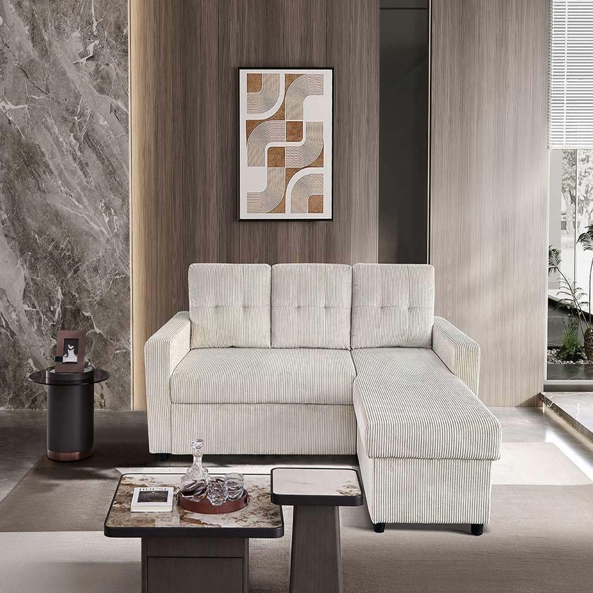 Voir la diapositive 1 : BEST MOBILIER Tulipe - canapé d'angle réversible 4 places convertible avec coffre en velours côtelé