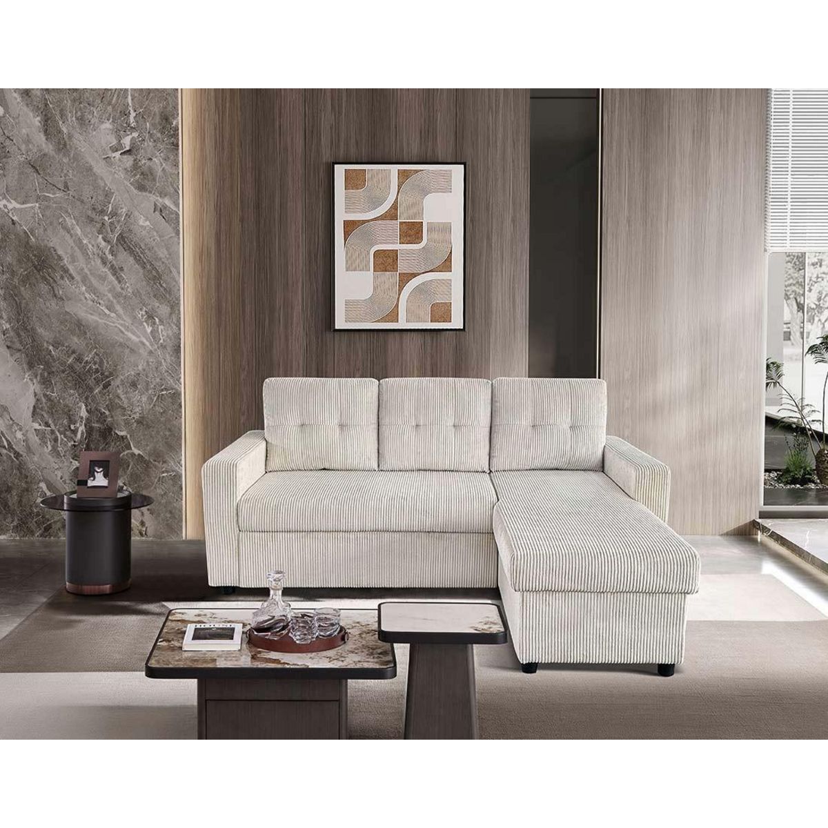 BEST MOBILIER Tulipe - canapé d'angle réversible 4 places convertible avec coffre en velours côtelé