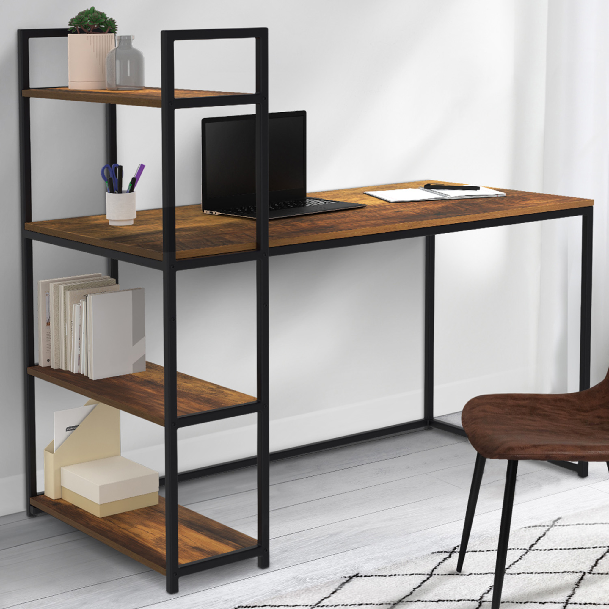 Voir la diapositive 2 : ID MARKET Bureau bibliothèque hawkins plateau bois foncé design industriel