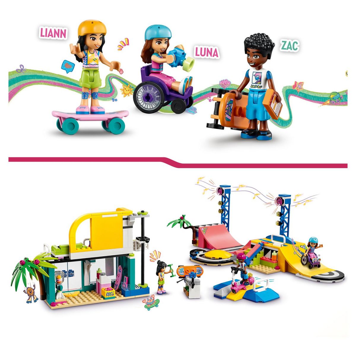 LEGO Friends 41751 Le Skatepark, Jouet de Skateboard, avec Mini-Poupée et Scooter et fauteuil roulant 