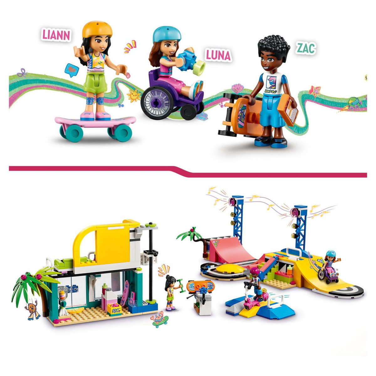 LEGO Friends 41751 Le Skatepark, Jouet de Skateboard, avec Mini-Poupée et Scooter et fauteuil roulant 