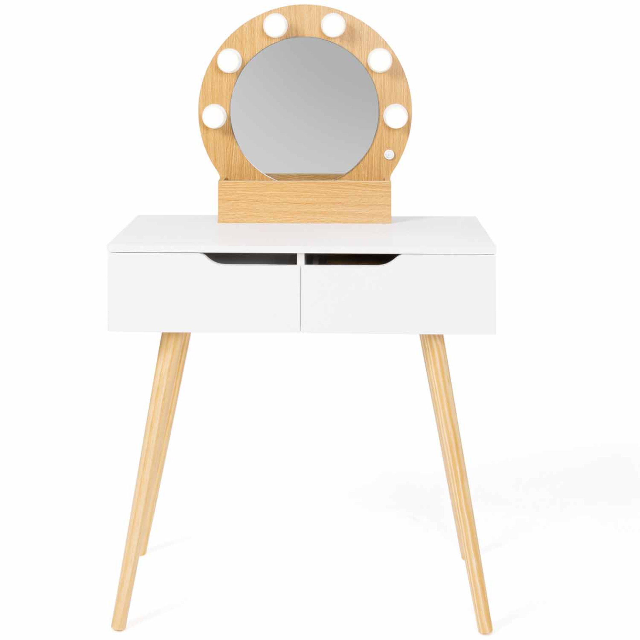 Voir la diapositive 3 : ID MARKET Coiffeuse scandinave 2 tiroirs horia bois et blanc avec miroir led