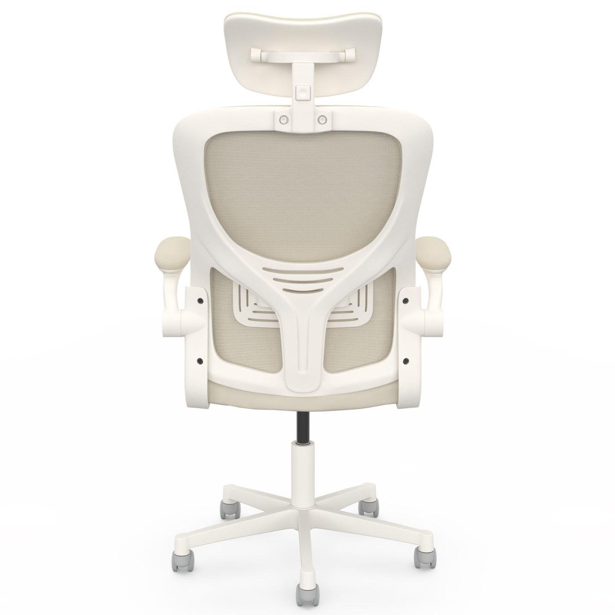 Voir la diapositive 4 : ID MARKET Fauteuil de bureau JAMES ergonomique en toile respirante et appui-tête avec roulettes beige et blanc