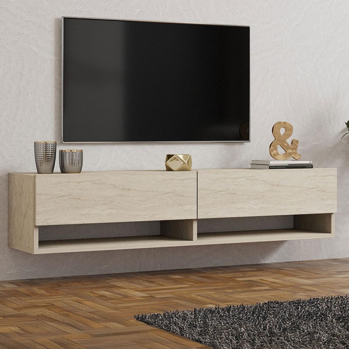 CONCEPT USINE Meuble TV suspendu avec placards et étagères aspect travertin 140cm SARTY