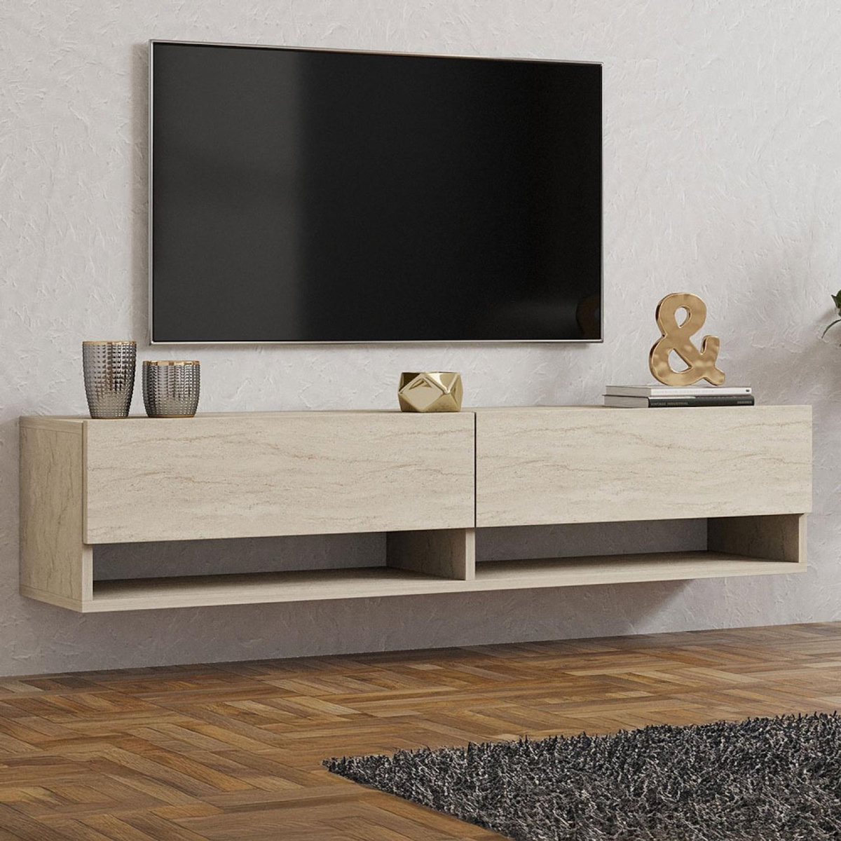 CONCEPT USINE Meuble TV suspendu avec placards et étagères aspect travertin 140cm SARTY