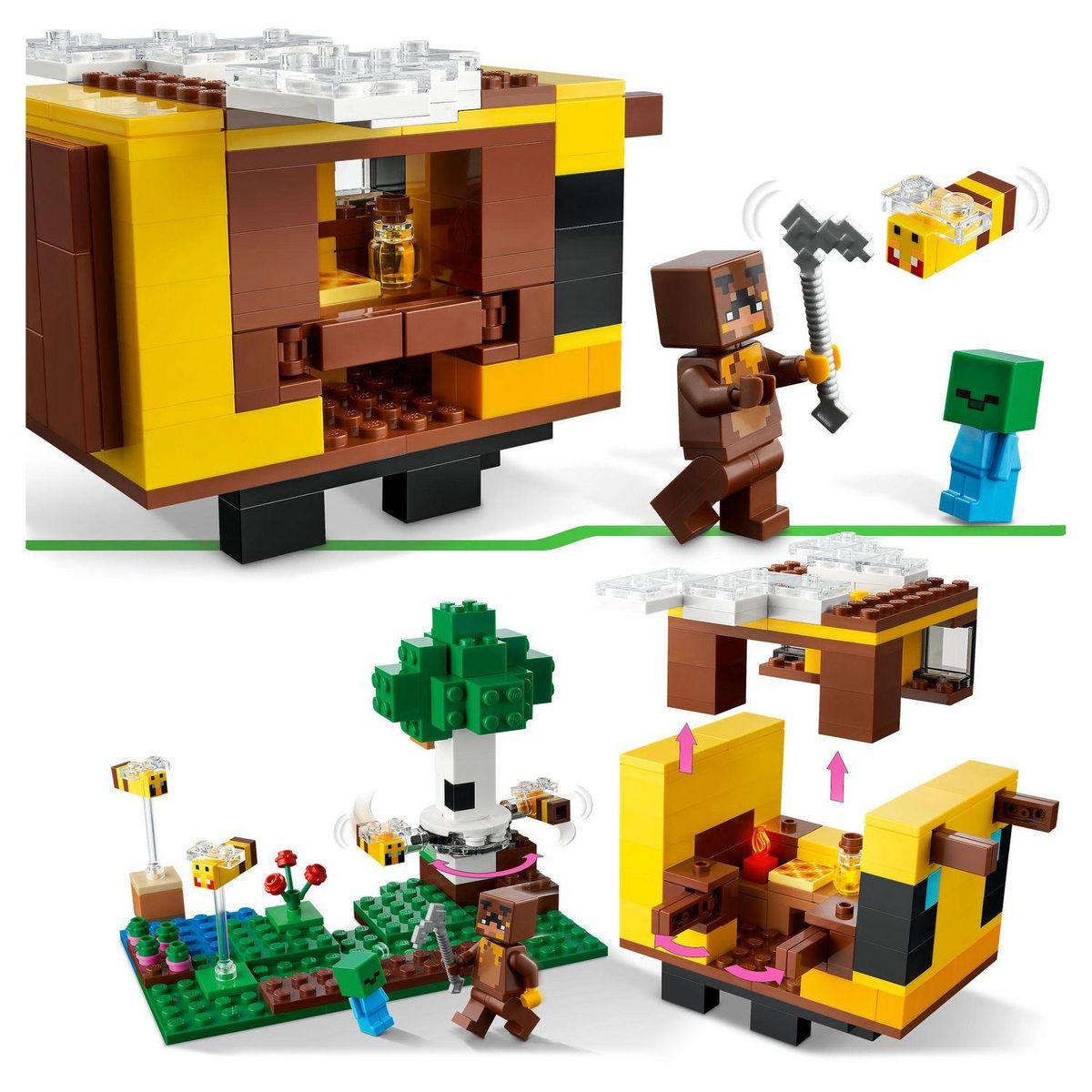 LEGO Minecraft  21241 La cabane Abeille, Jouet, Ferme avec Maison, Zombie et Figurines Animaux