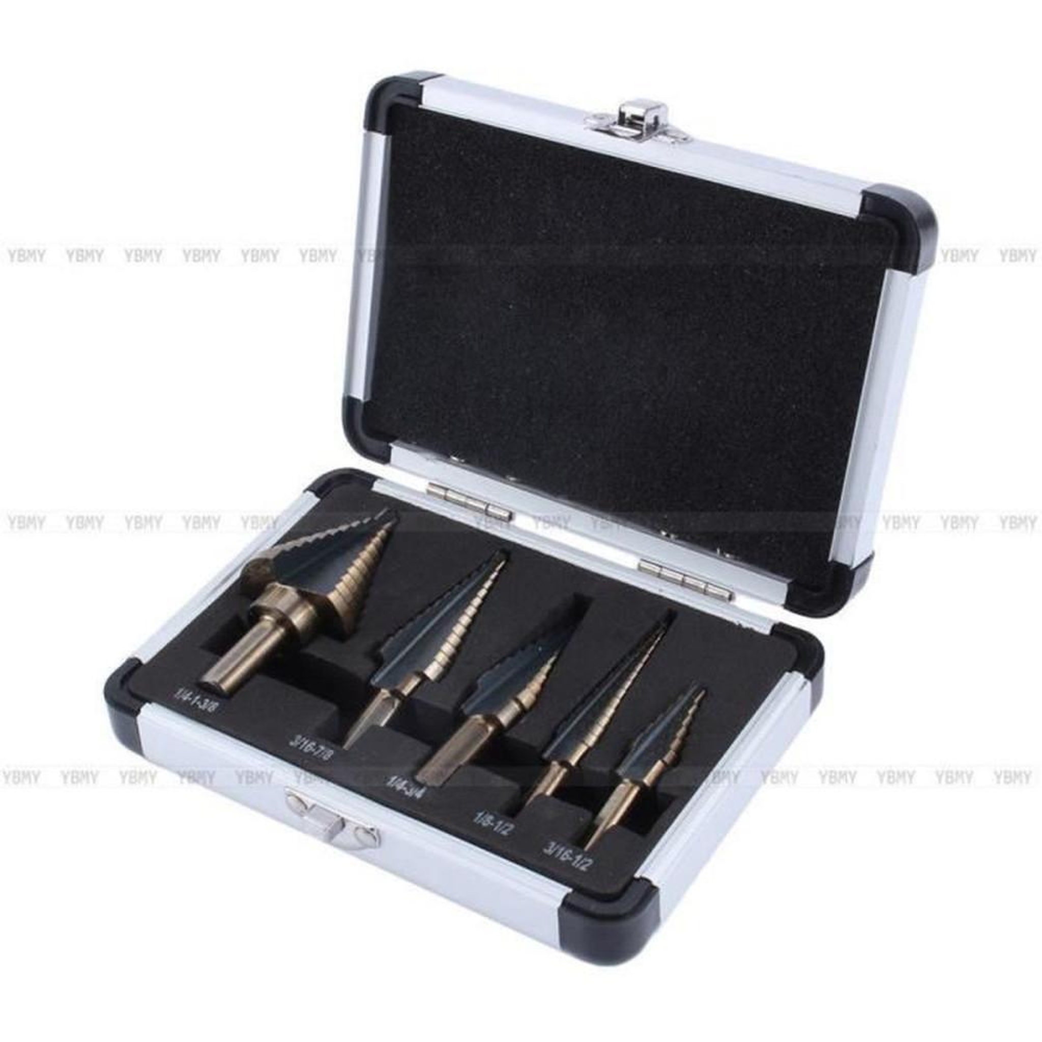 Voir la diapositive 2 : Coffret 5 forets coniques HSS acier avec revêtement titane et queue hexagonale