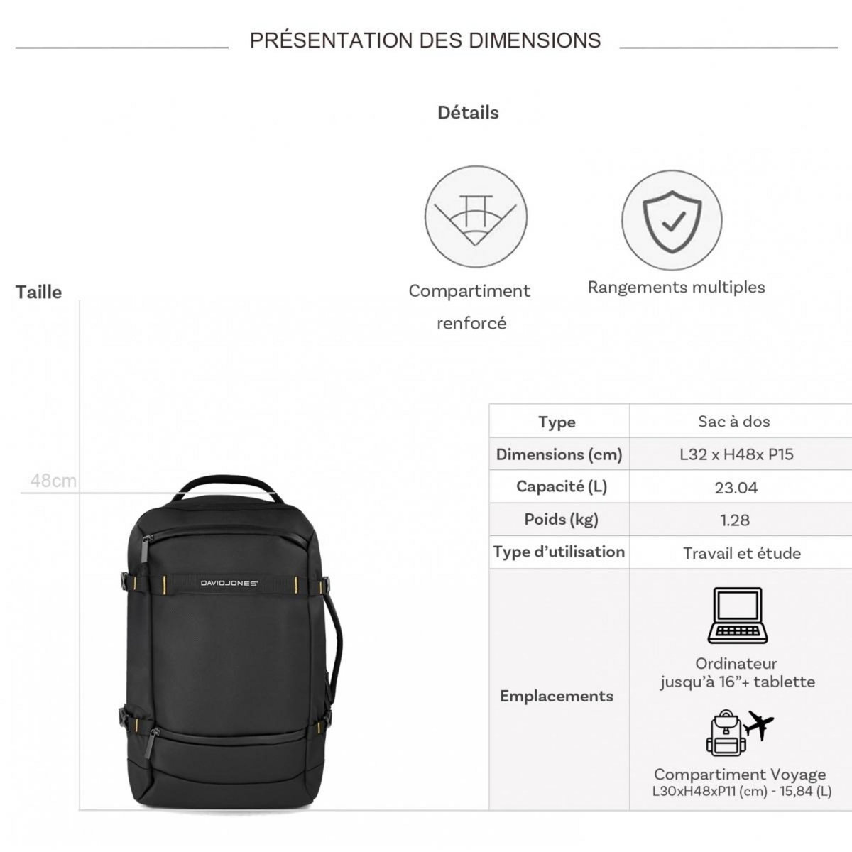 David Jones Sac à dos porte-ordinateur et voyage 16''