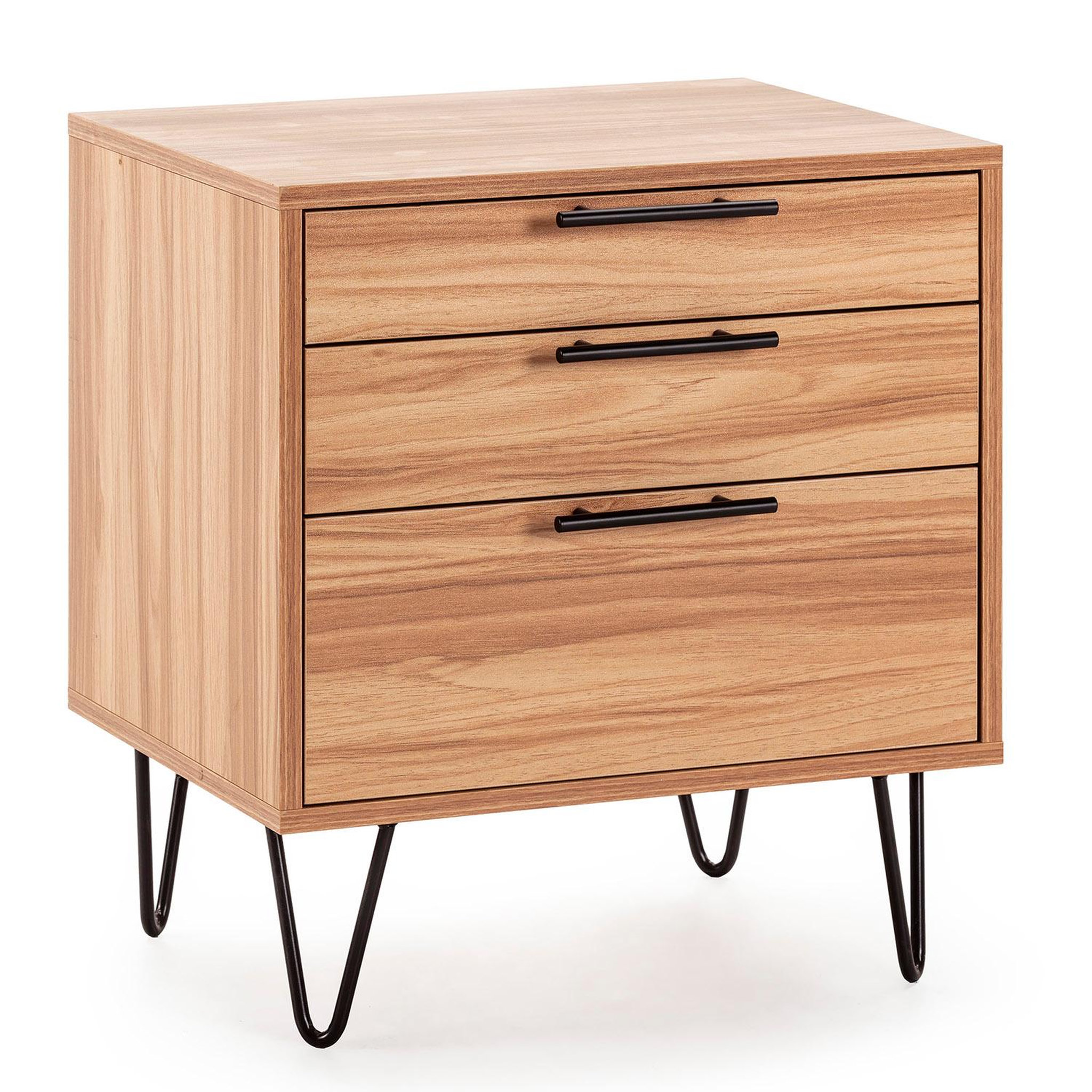 VS VENTA-STOCK Table de chevet Alma 3 tiroirs couleur bois, pieds métal