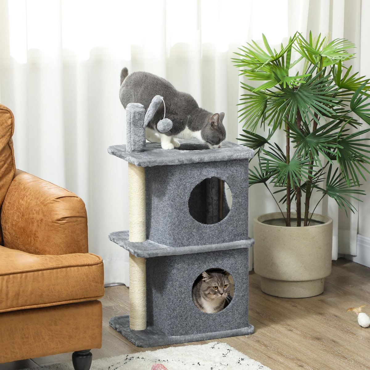 PAWHUT Arbre à chat à 3 niveaux hauteur 80 cm, tour pour chat avec 2 niches et surface de repos confortable, balle amovible, poteau en sisal et peluche douce, pour animal 5 kg, gris foncé
