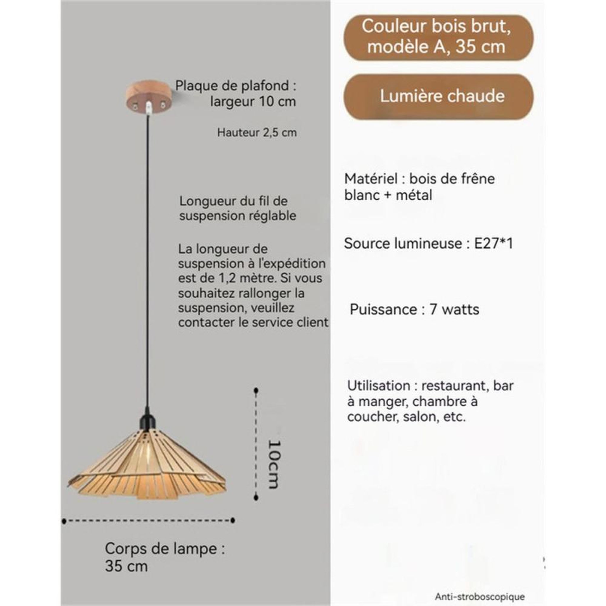 Voir la diapositive 6 : Lampe suspension en bois scandinave Ø35 cm abat-jour ajouré style dôme, métal noir, douille E27 12 W ampoule tricolore incluse