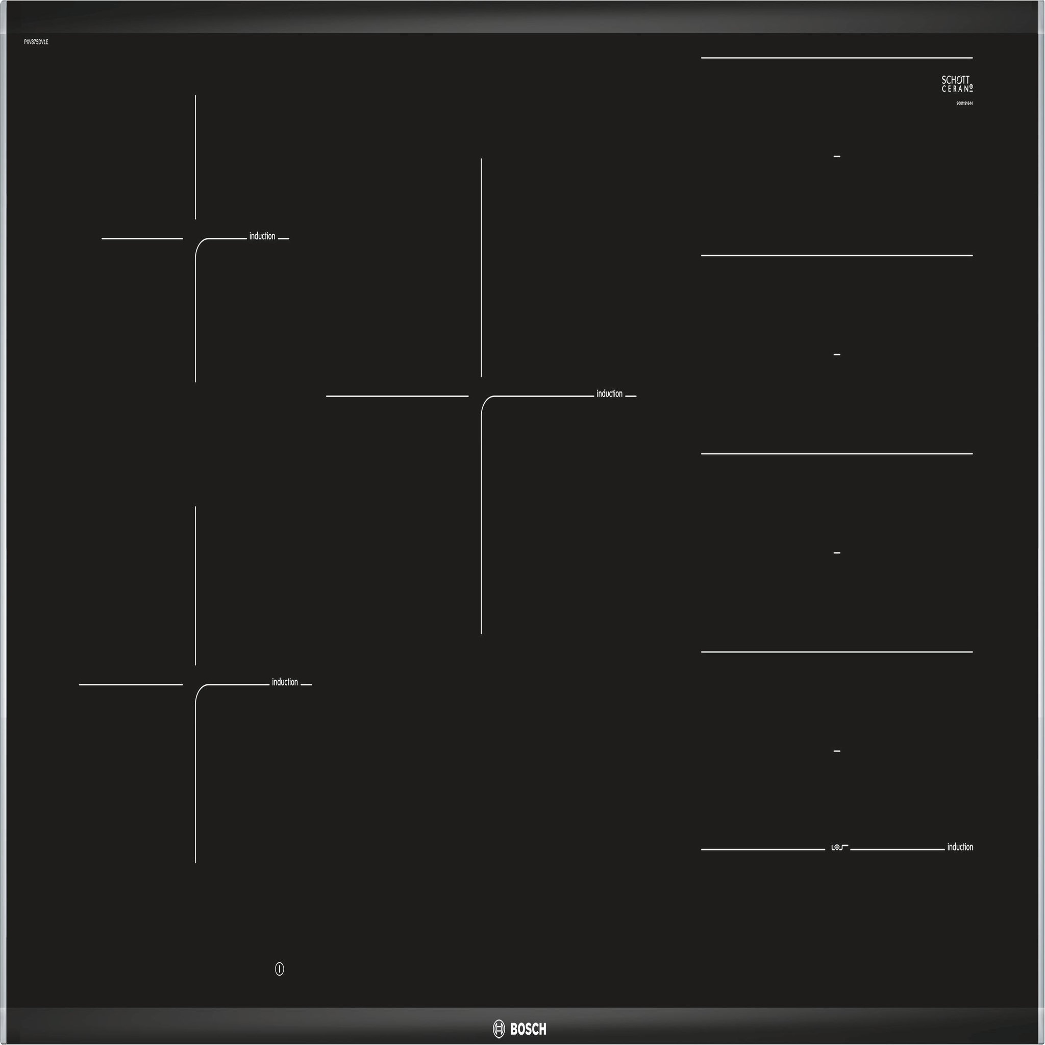 Voir la diapositive 2 : BOSCH Table de cuisson à induction 80cm 5 feux 7400w flexinduction noir - PXV875DV1E