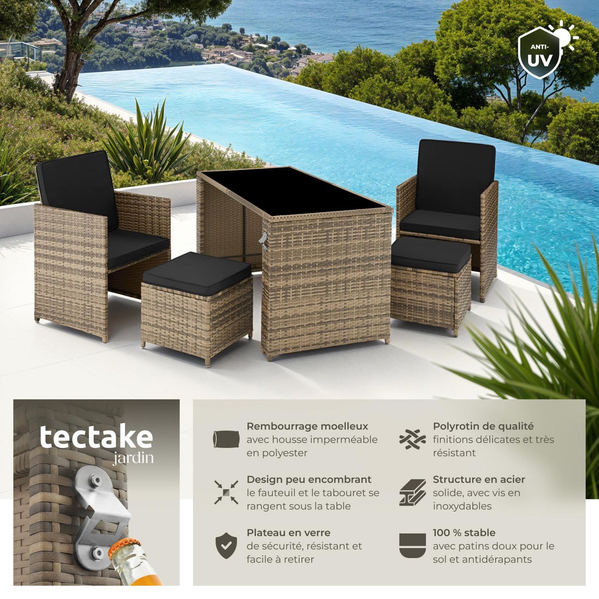 tectake Salon de jardin en résine tressée pour 2 à 4 personnes marron naturel