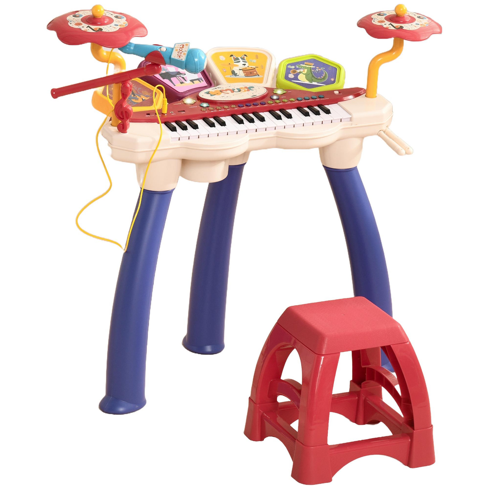Voir la diapositive 1 : HOMCOM Jouet musical piano électronique batterie 2 en 1 - tabouret, micro et support - clavier 32 touches, effet lumineux, nombreux modes - PP multicolore