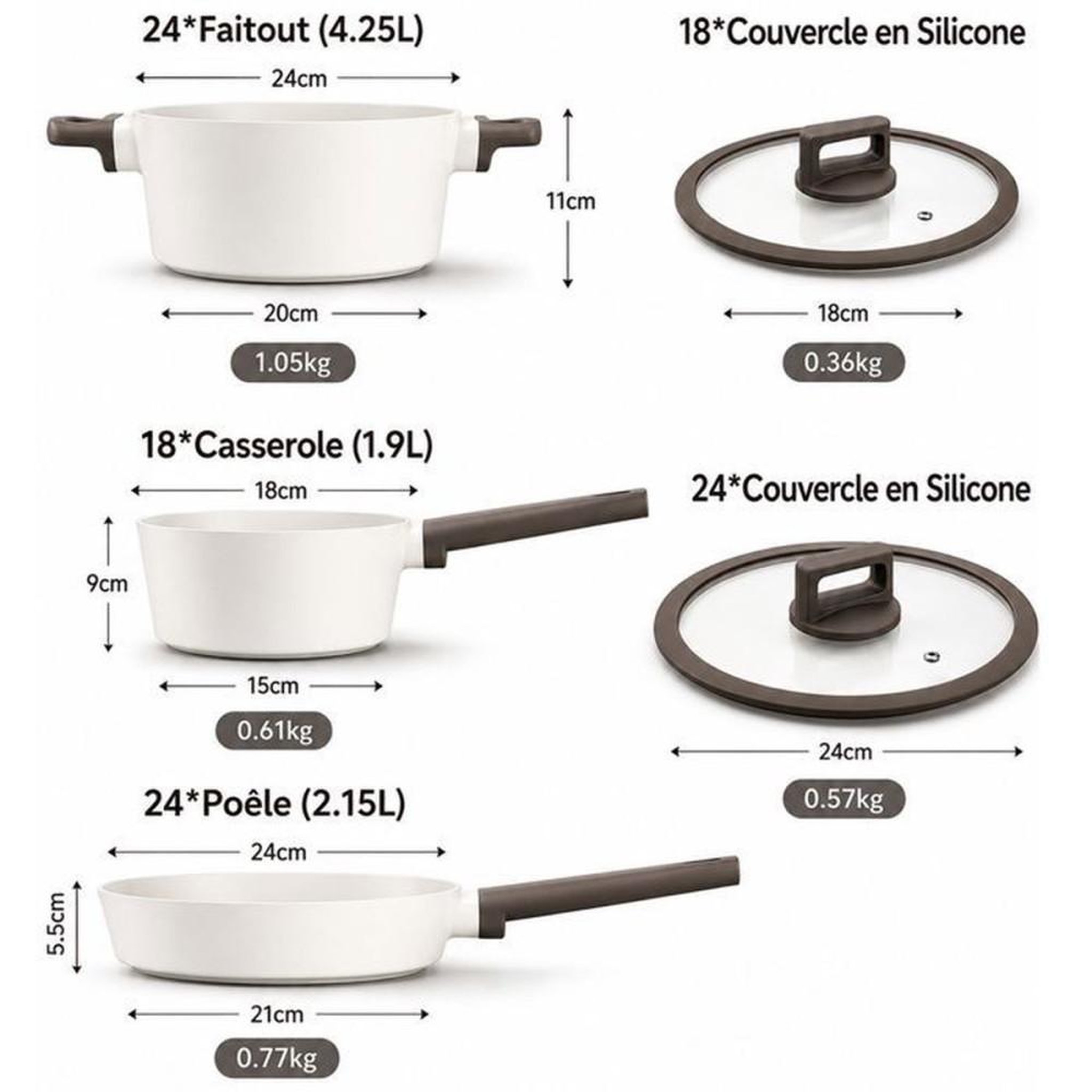 Voir la diapositive 2 : Set de casseroles 5 pièces revêtement antiadhésif granit blanc, poêle 24 cm, casserole 18 cm (1,9 L) et fait-tout 24 cm (4,25 L) avec couvercles en silicone, compatible induction