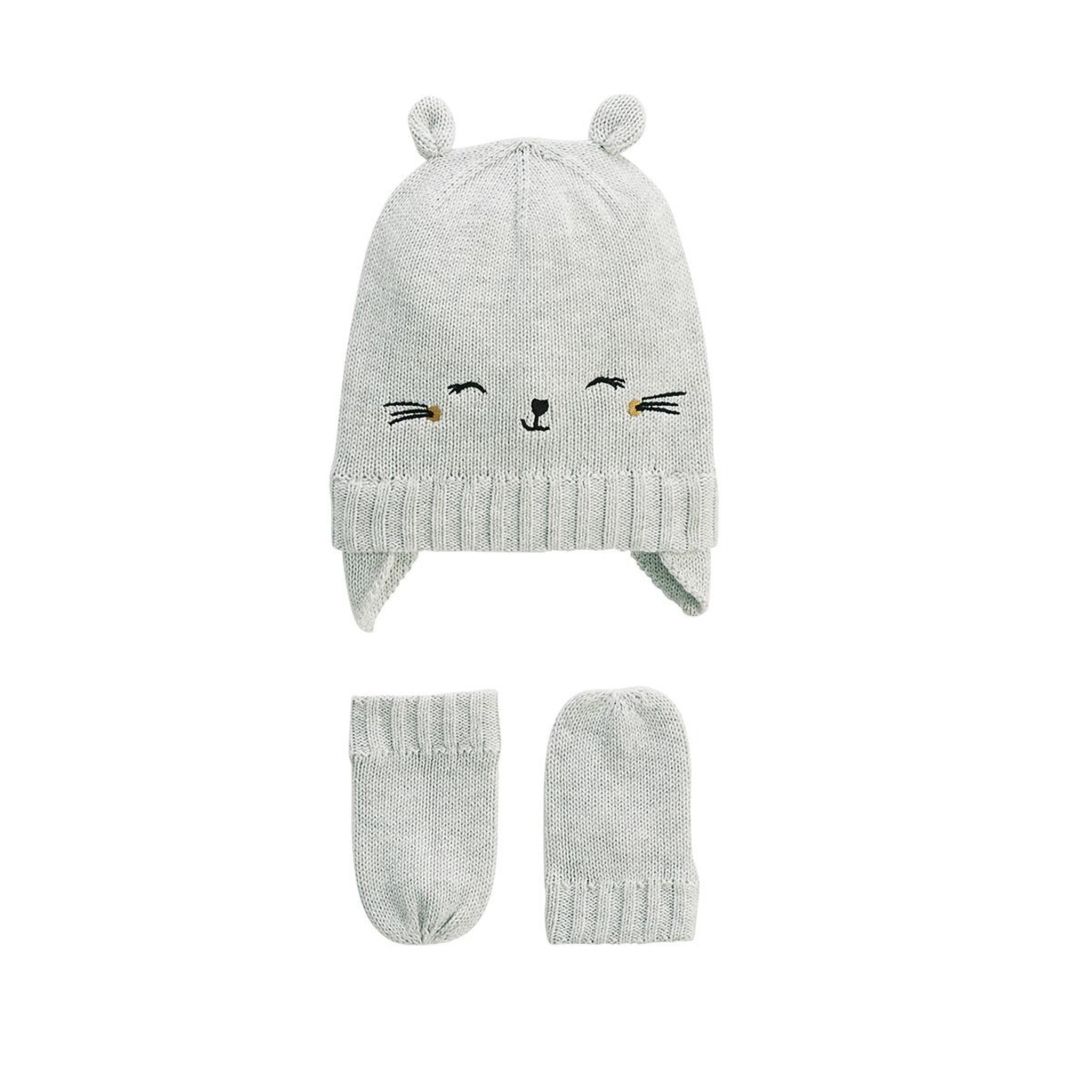 Petit Béguin Bonnet bébé et moufles en tricot esmée. Coloris disponibles : Gris