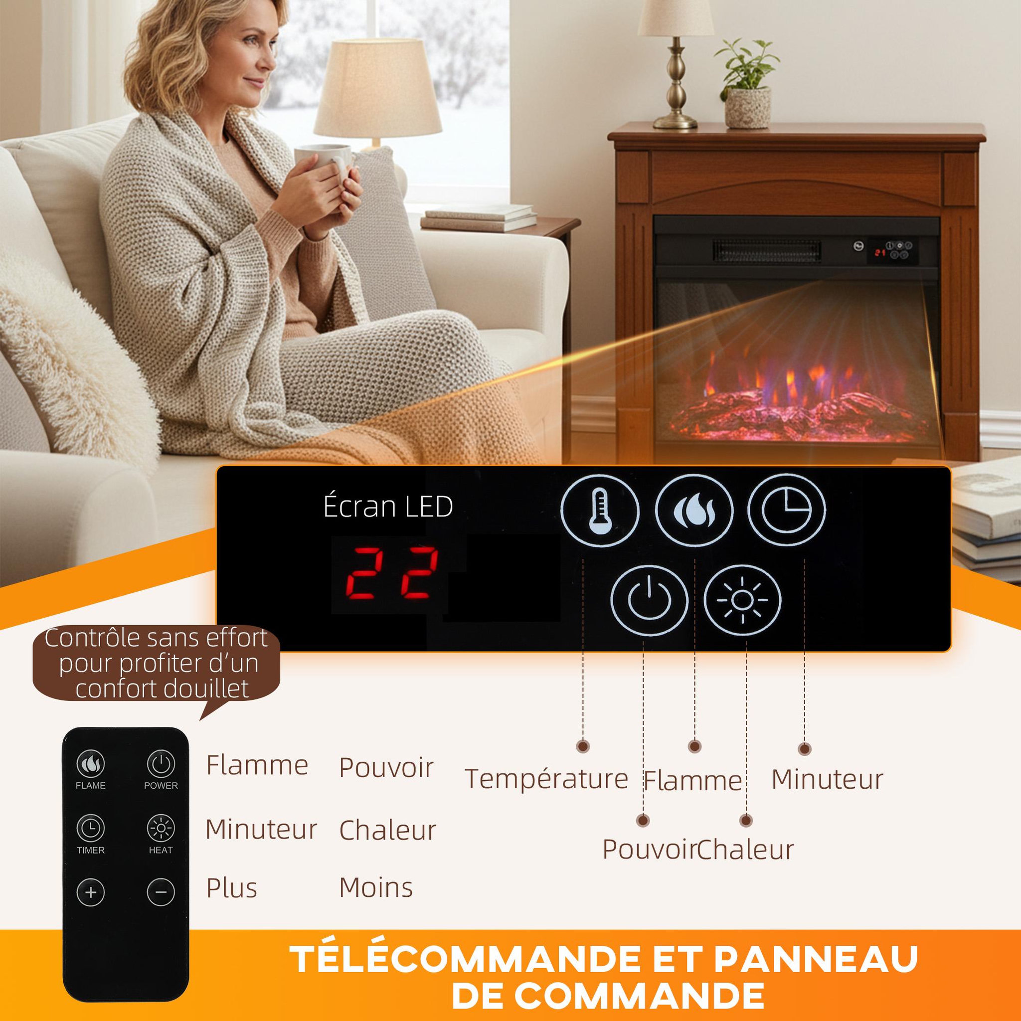 Voir la diapositive 4 : HOMCOM Cheminée électrique design effet bois 1000-2000w télécommande réglable