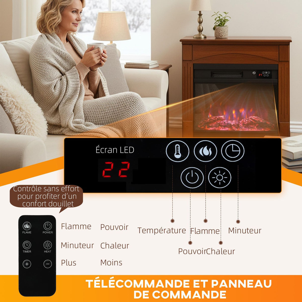 HOMCOM Cheminée électrique design effet bois 1000-2000W télécommande réglable