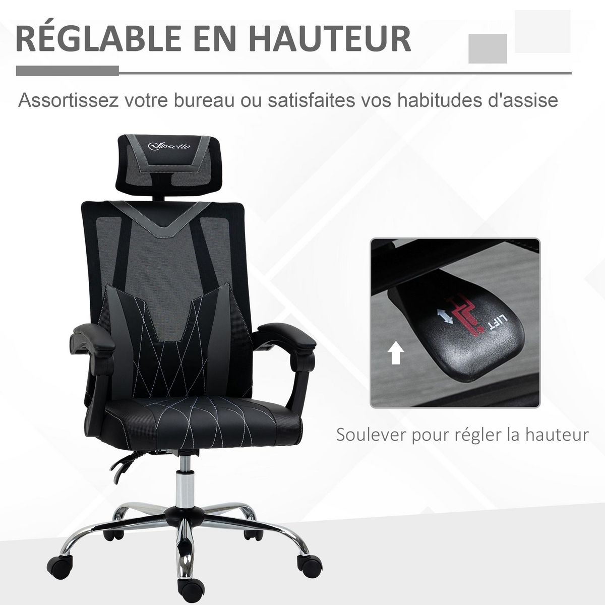 VINSETTO Fauteuil de bureau manager inclinable réglable support lombaires tétière tissu maille polyester PU gris noir