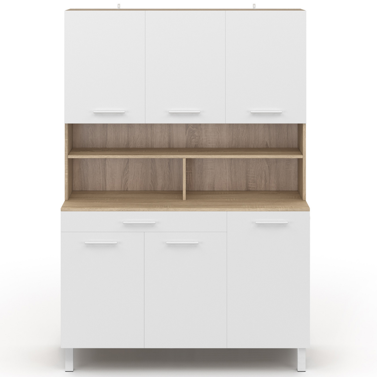 ID MARKET Buffet de cuisine 120 CM CINA 6 portes + tiroir façon hêtre et blanc