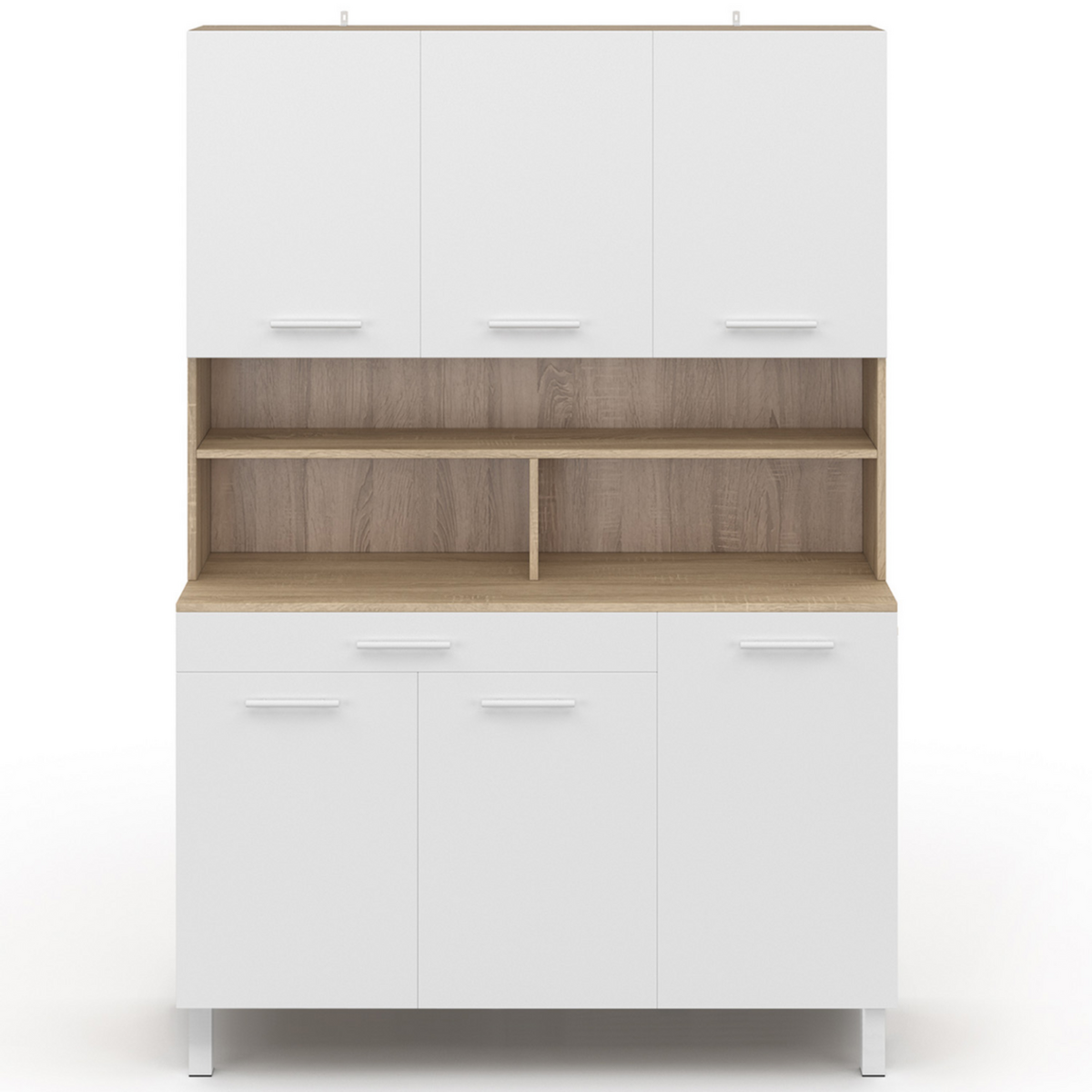 ID MARKET Buffet de cuisine 120 CM CINA 6 portes + tiroir façon hêtre et blanc