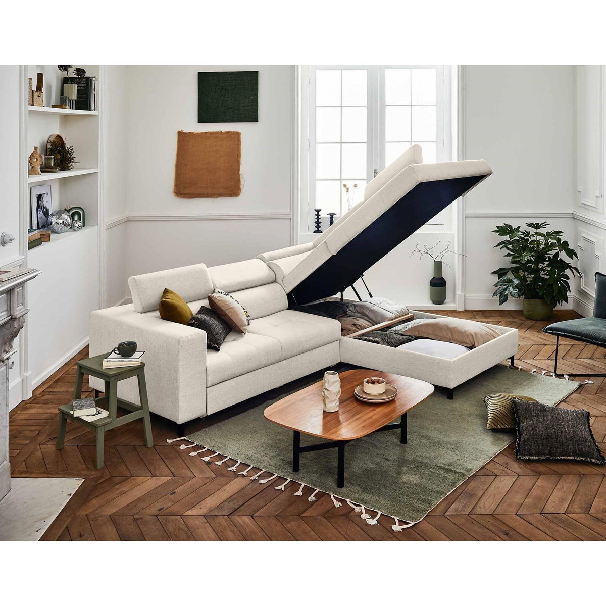 LISA DESIGN Olinda - canapé d'angle droit - 5 places - convertible avec coffre et têtières réglables - en tissu