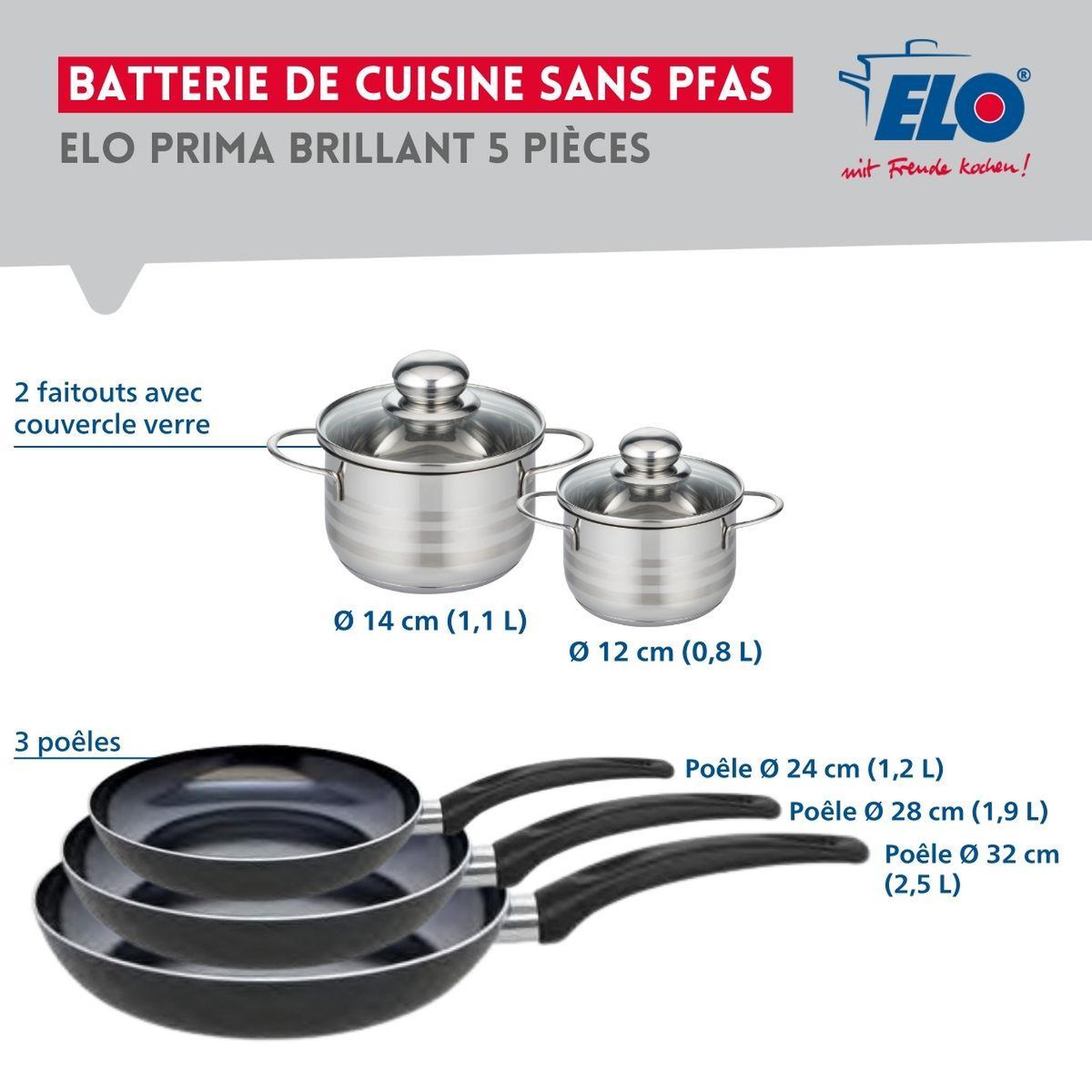 Voir la diapositive 2 : ELO Ensemble de 3 Poêles de cuisson 24, 28 et 32 cm et 2 faitouts 12 et 14 cm Elo Prima Brillant