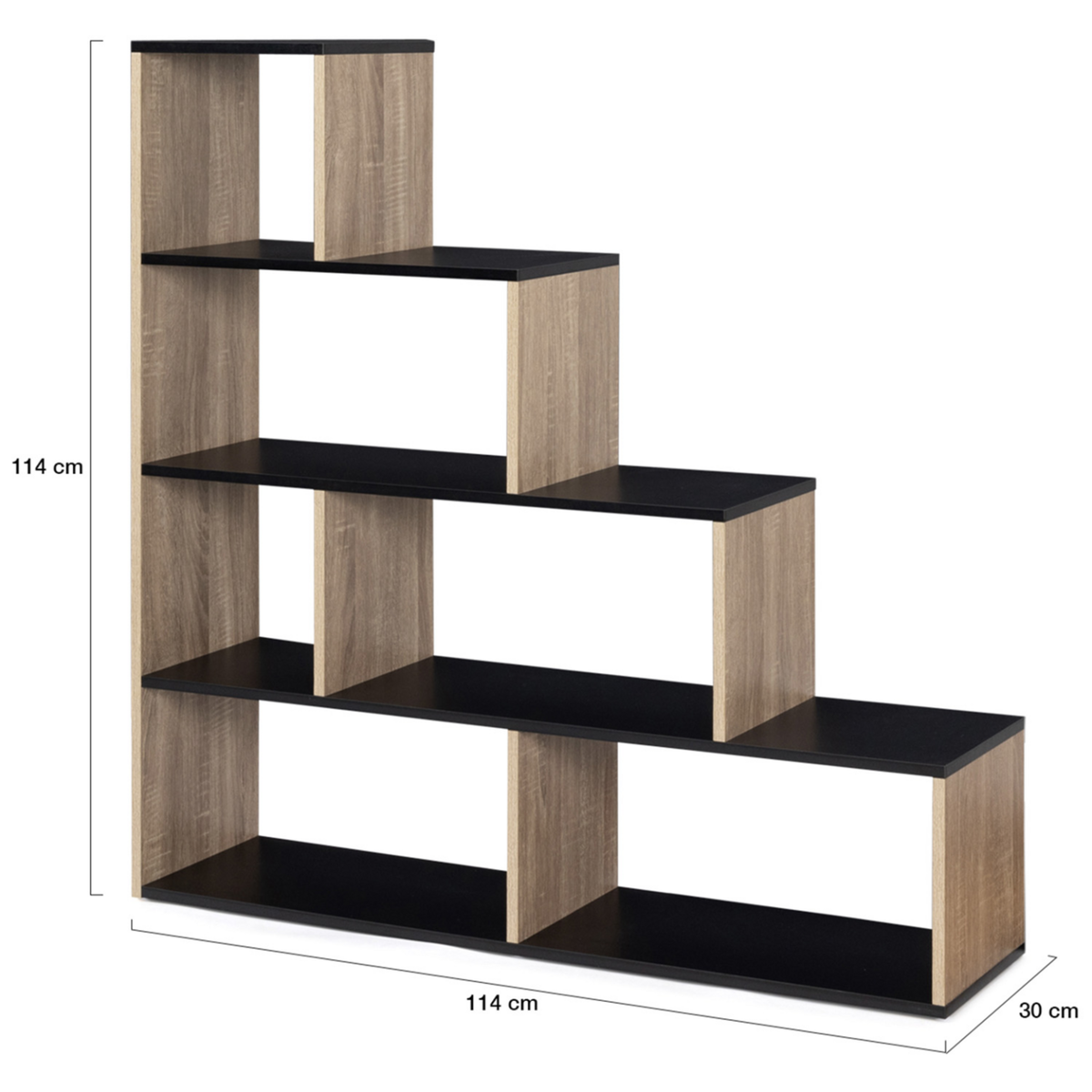 ID MARKET Bibliothèque escalier LINA bois façon hêtre et noir