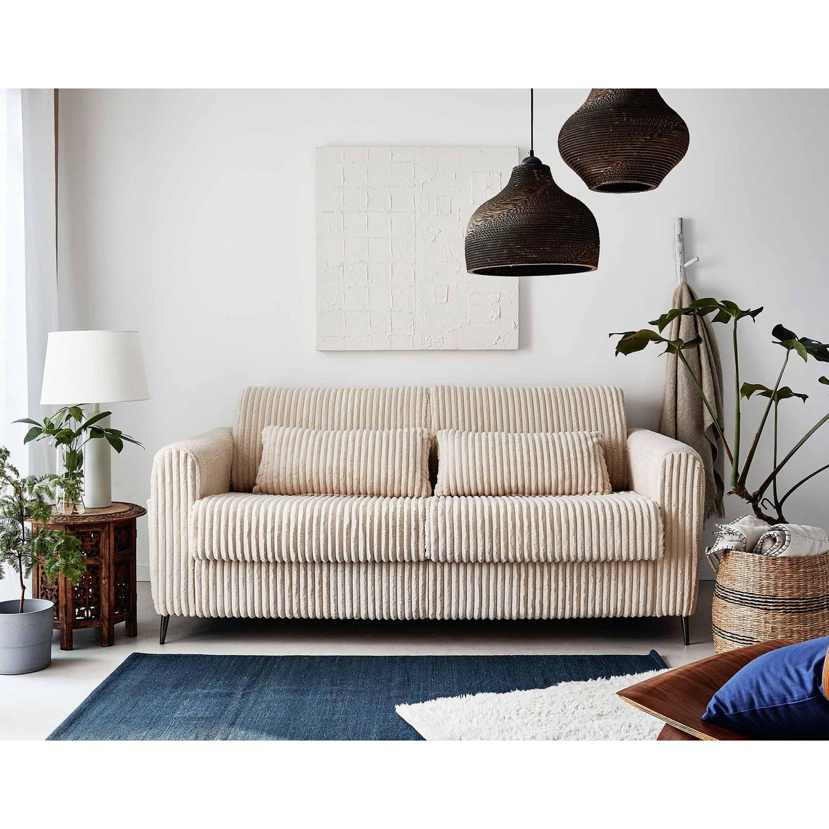 LISA DESIGN Owen - canapé 3 places convertible express couchage quotidien 140 cm matelas 12 cm en velours côtelé grosses côtes