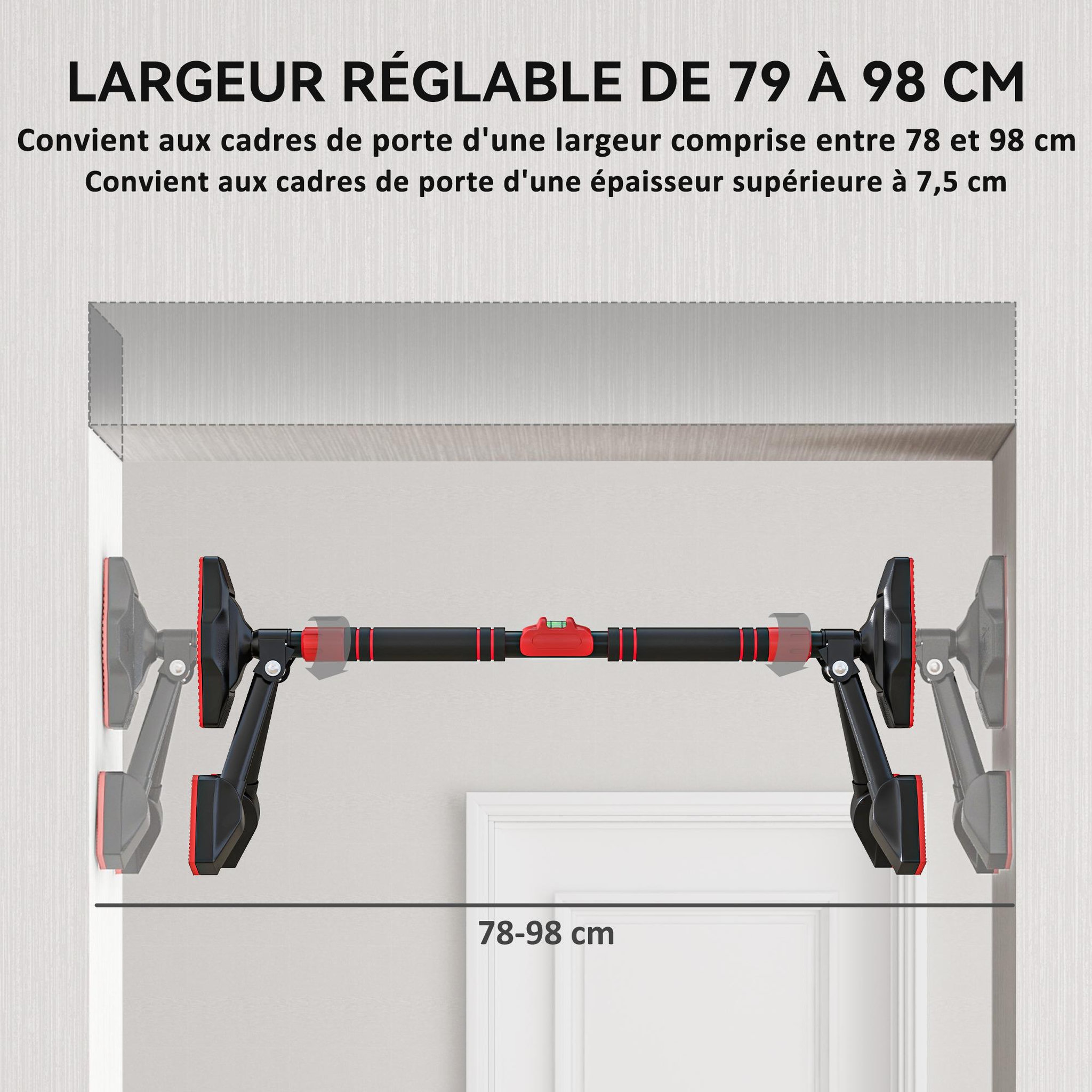 Voir la diapositive 4 : HOMCOM Barre de traction réglable de 79 à 98 cm, barre de porte niveau intégré, structure triangulaire robuste, support à 6 points, poignées antidérapantes, jusqu'à 225 kg, noir