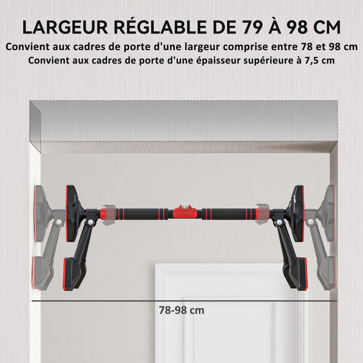 HOMCOM Barre de traction réglable de 79 à 98 cm, barre de porte niveau intégré, structure triangulaire robuste, support à 6 points, poignées antidérapantes, jusqu'à 225 kg, noir