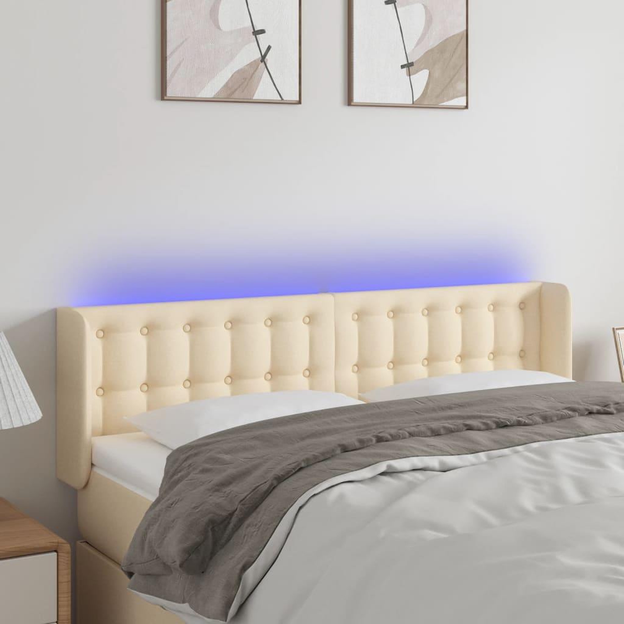 Voir la diapositive 1 : VIDAXL Tete de lit a LED Creme 147x16x78/88 cm Tissu