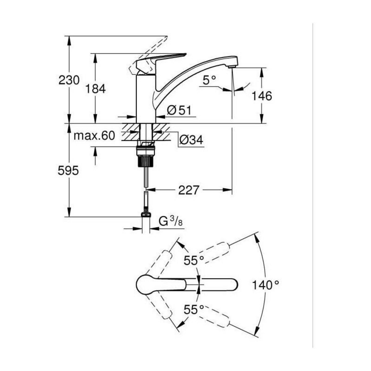 Grohe GROHE Start - 324412432 - Robinet de cuisine - Mitigeur monocommande évier - Noir mat - Bec bas - Rotation 140°