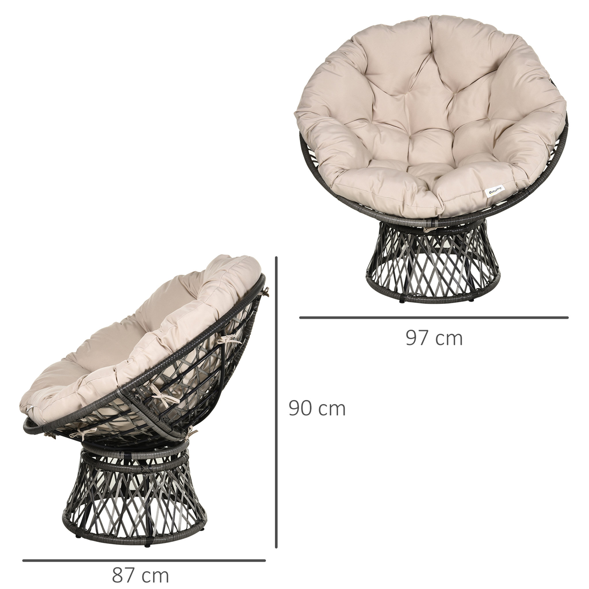 Voir la diapositive 3 : OUTSUNNY Fauteuil rond de jardin fauteuil papasan pivotant grand confort Ø 97 x 90H cm grand coussin fourni polyester résine tressée crème