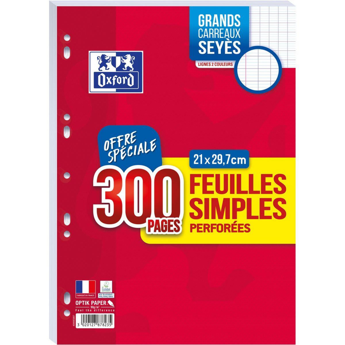 OXFORD Feuilles simples 300 pages 21x29,7cm grands carreaux Seyes perforées