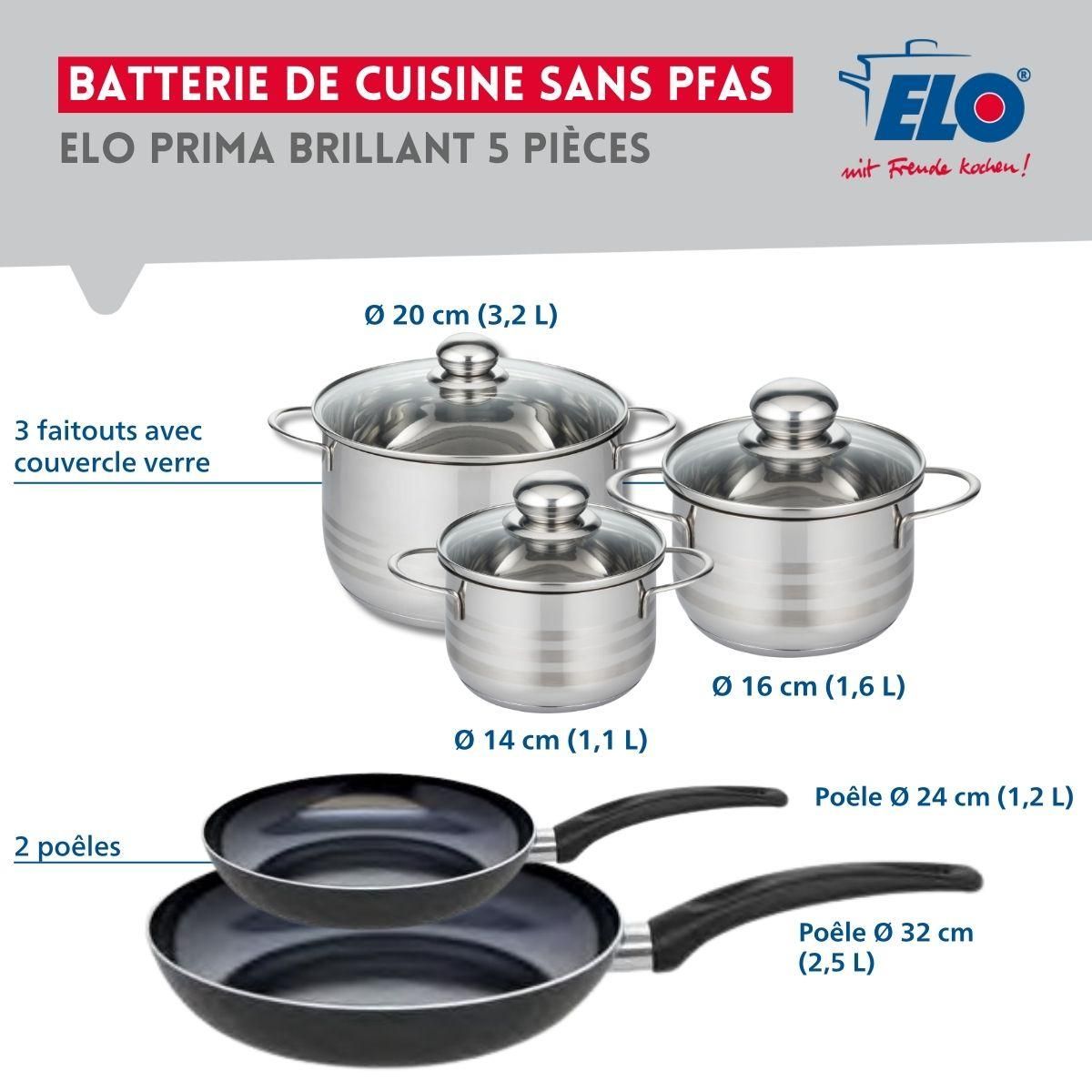ELO Ensemble de 2 Poêles de cuisson 24 et 32 cm et 3 faitouts 14, 16 et 20 cm Elo Prima Brillant