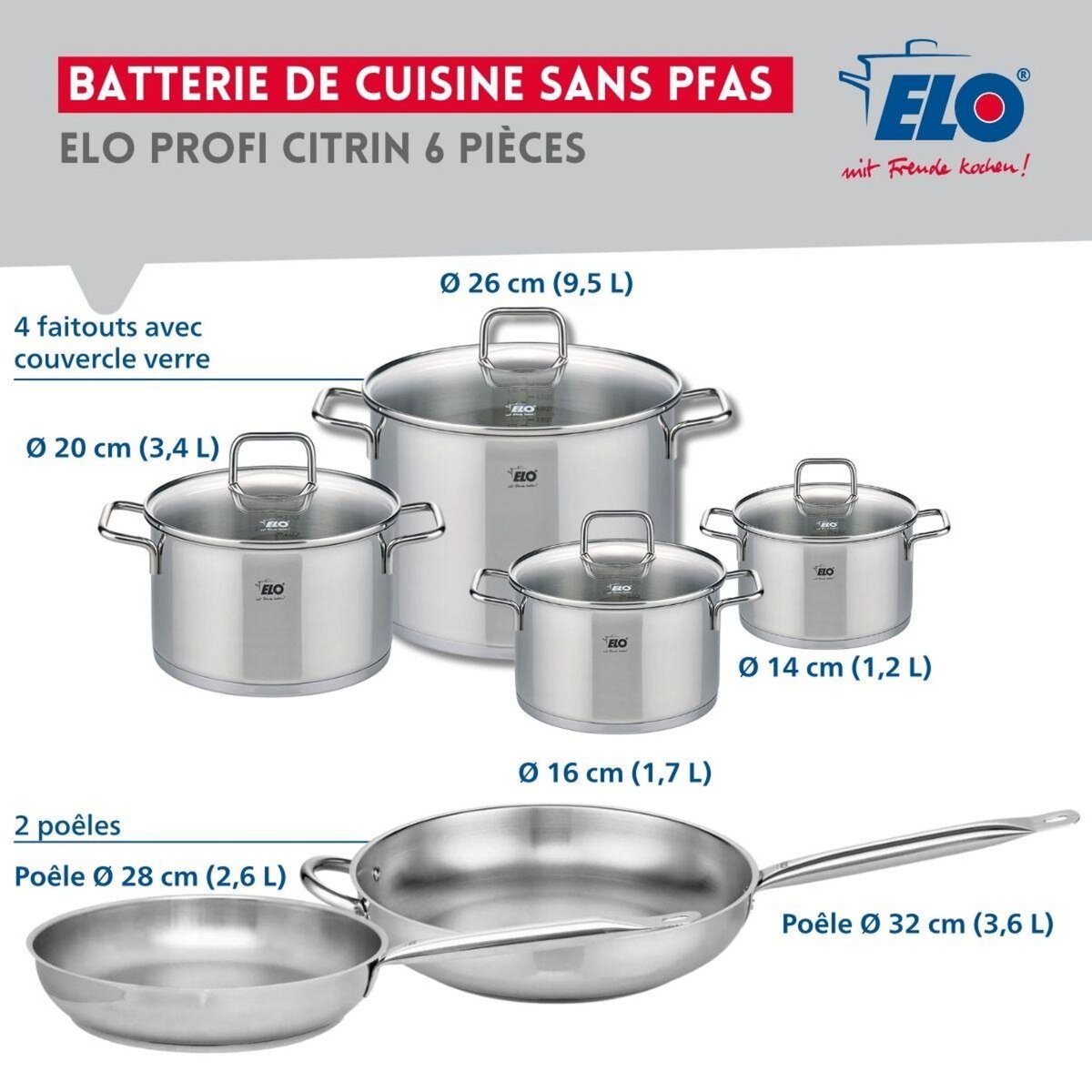 ELO Ensemble de 2 Poêles de cuisson 28 et 32 cm et 4 faitouts 14, 16, 20 et 26 cm Elo Profi Citrin