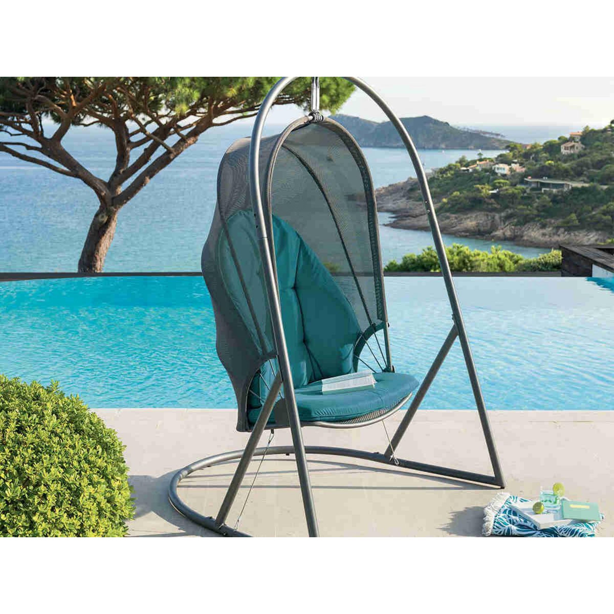 HESPERIDE Fauteuil oeuf suspendu en aluminium émeraude et graphite Pacha - Hespéride