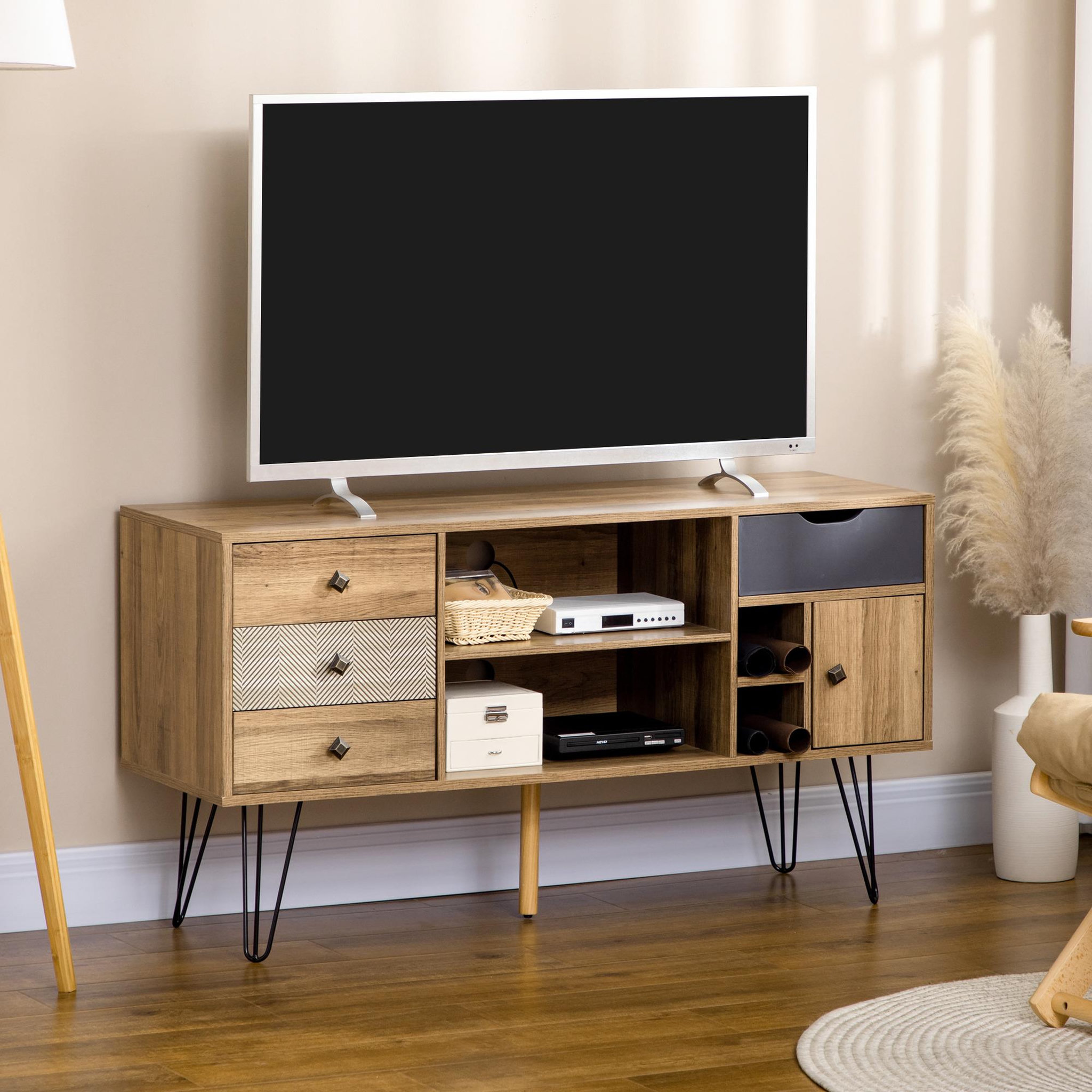 Voir la diapositive 2 : HOMCOM Meuble TV banc TV design industriel graphique - 4 tiroirs, 4 niches, porte - piètement épingle métal noir aspect bois