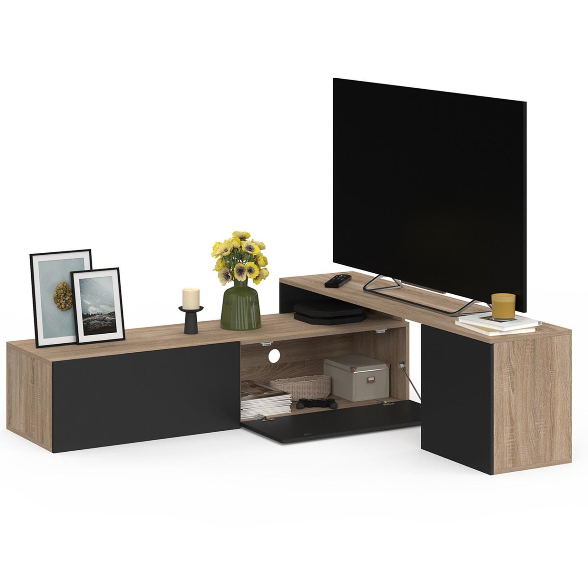 Voir la diapositive 4 : ID MARKET Meuble tv 140-180 cm modulable d'angle basile rotatif bois et noir