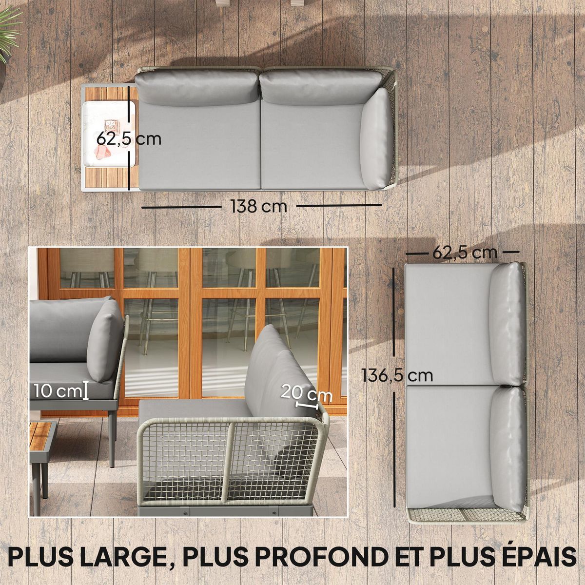 OUTSUNNY Salon de jardin design modulable 4 places 3 pièces acier coussins gris étagère plateau bois acacia