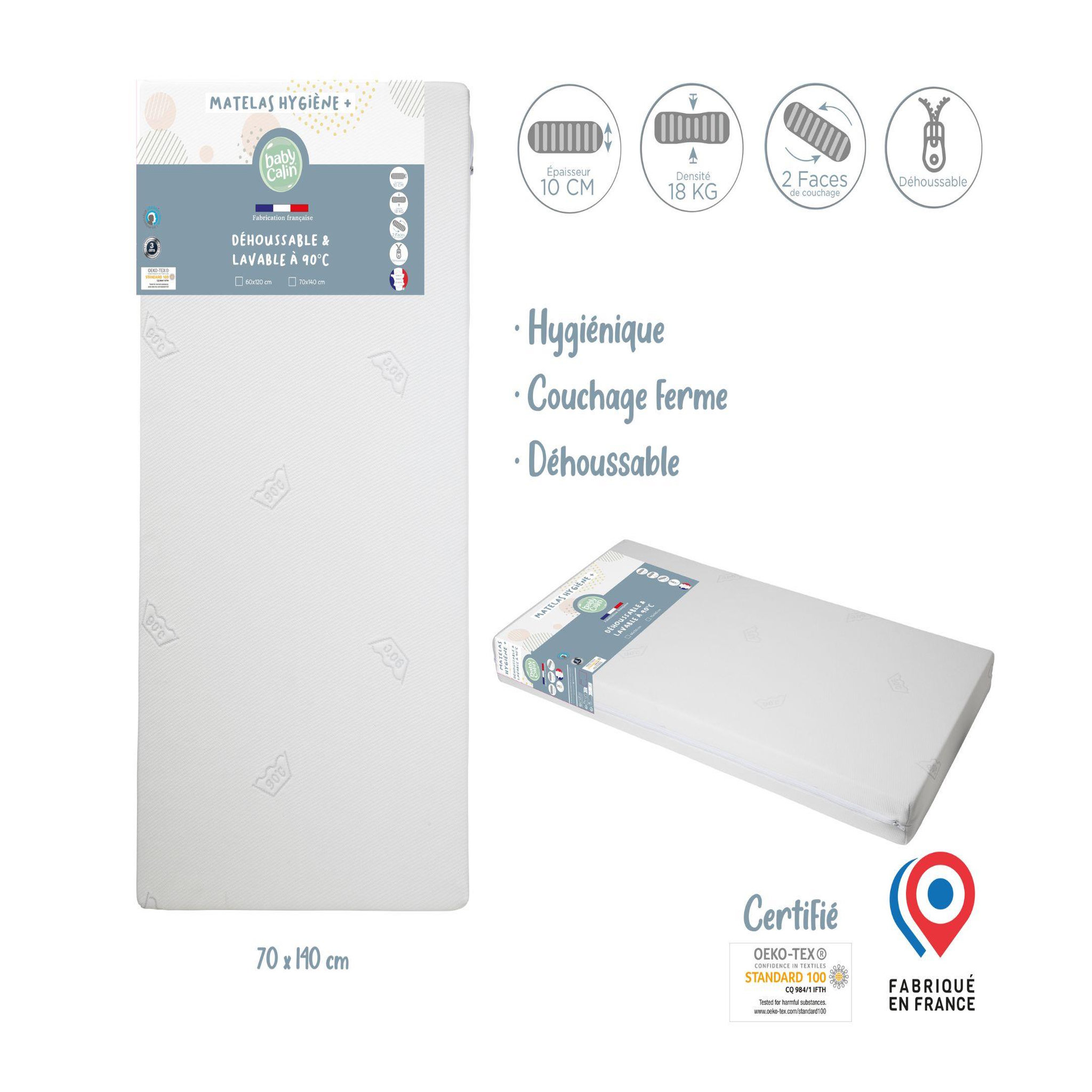 Voir la diapositive 3 : BABYCALIN Matelas hygiène déhoussable lit bébé 70 x 140 cm - 100% polyuréthane - blanc