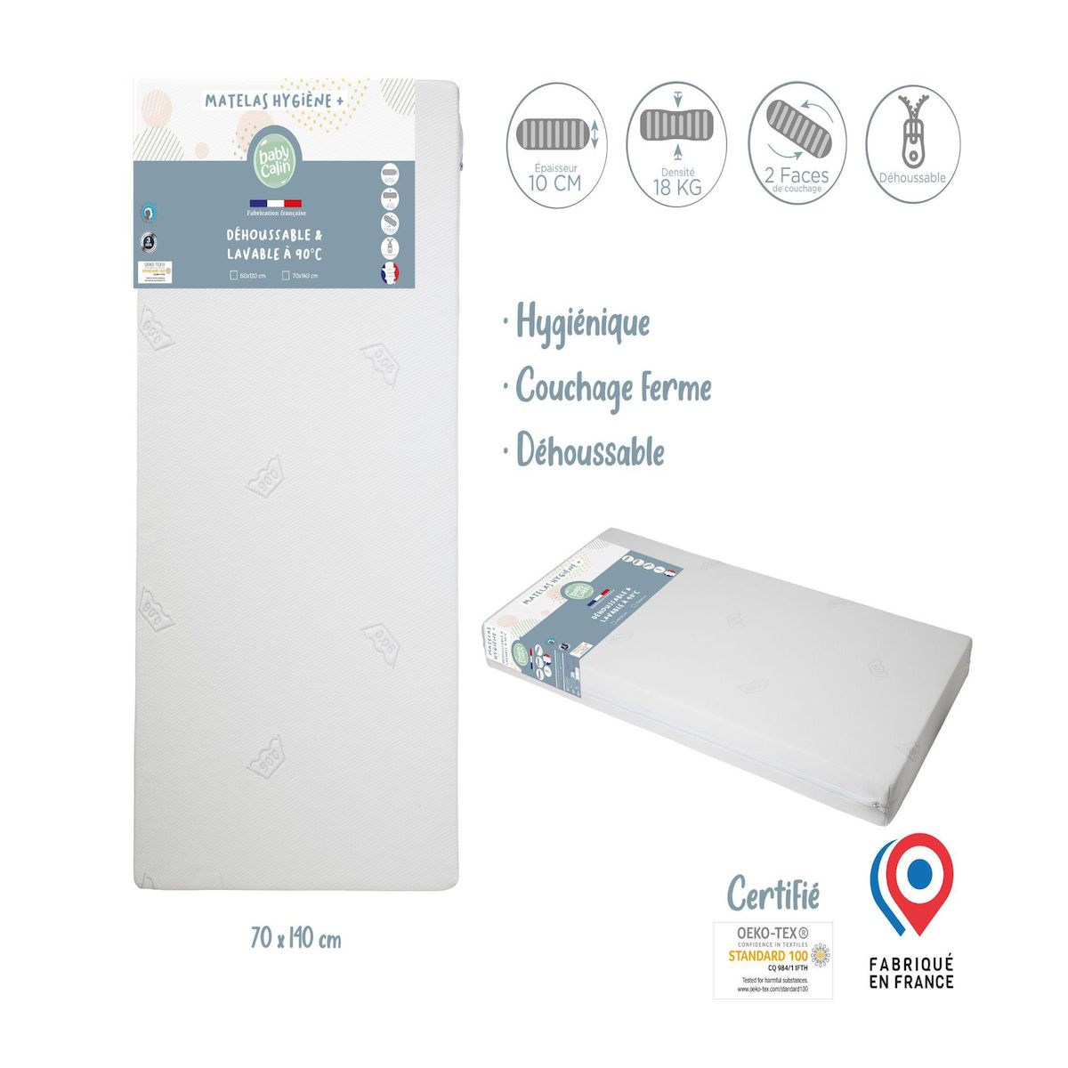 BABYCALIN Matelas hygiène déhoussable lit bébé 70 x 140 cm - 100% polyuréthane - Blanc