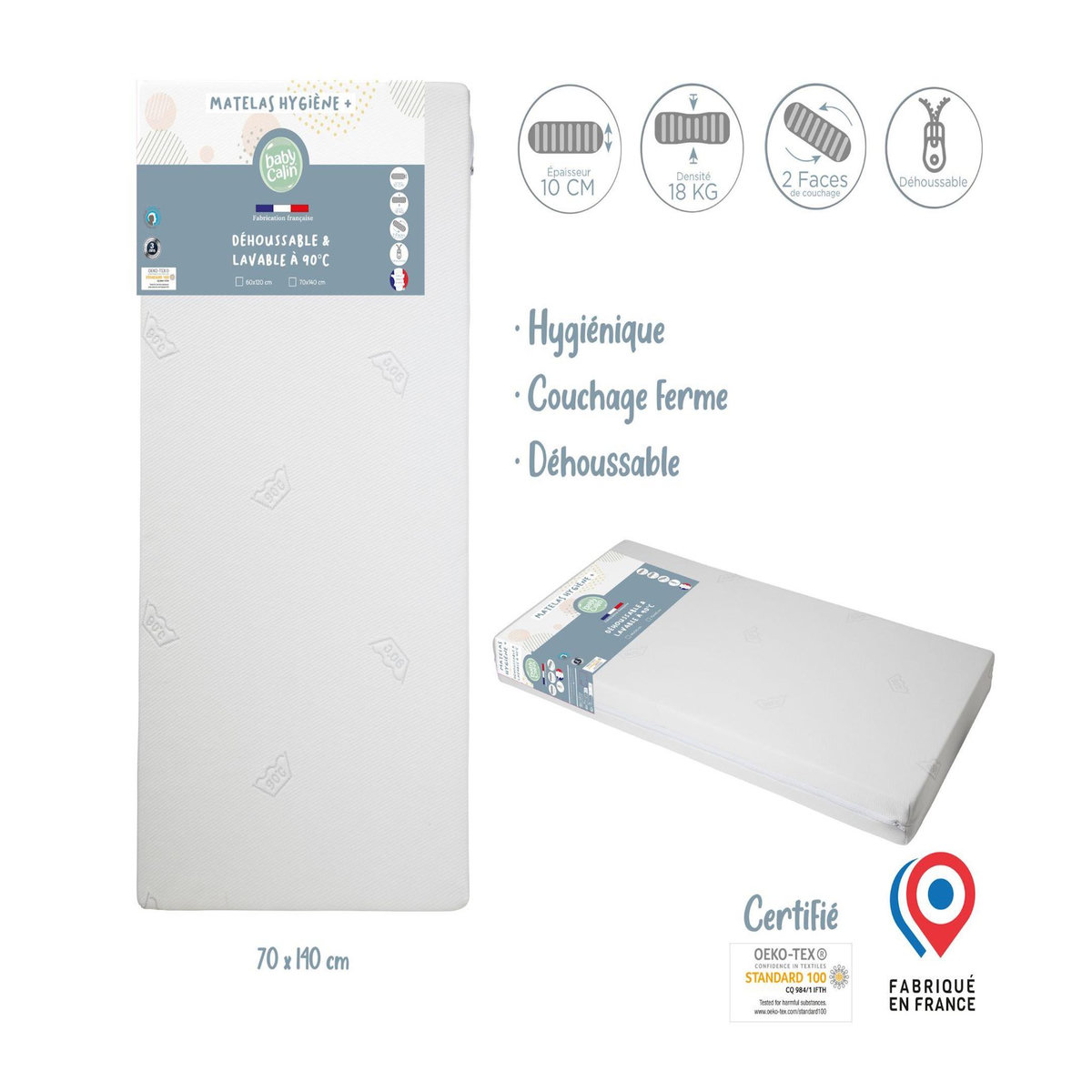 BABYCALIN Matelas hygiène déhoussable lit bébé 70 x 140 cm - 100% polyuréthane - Blanc