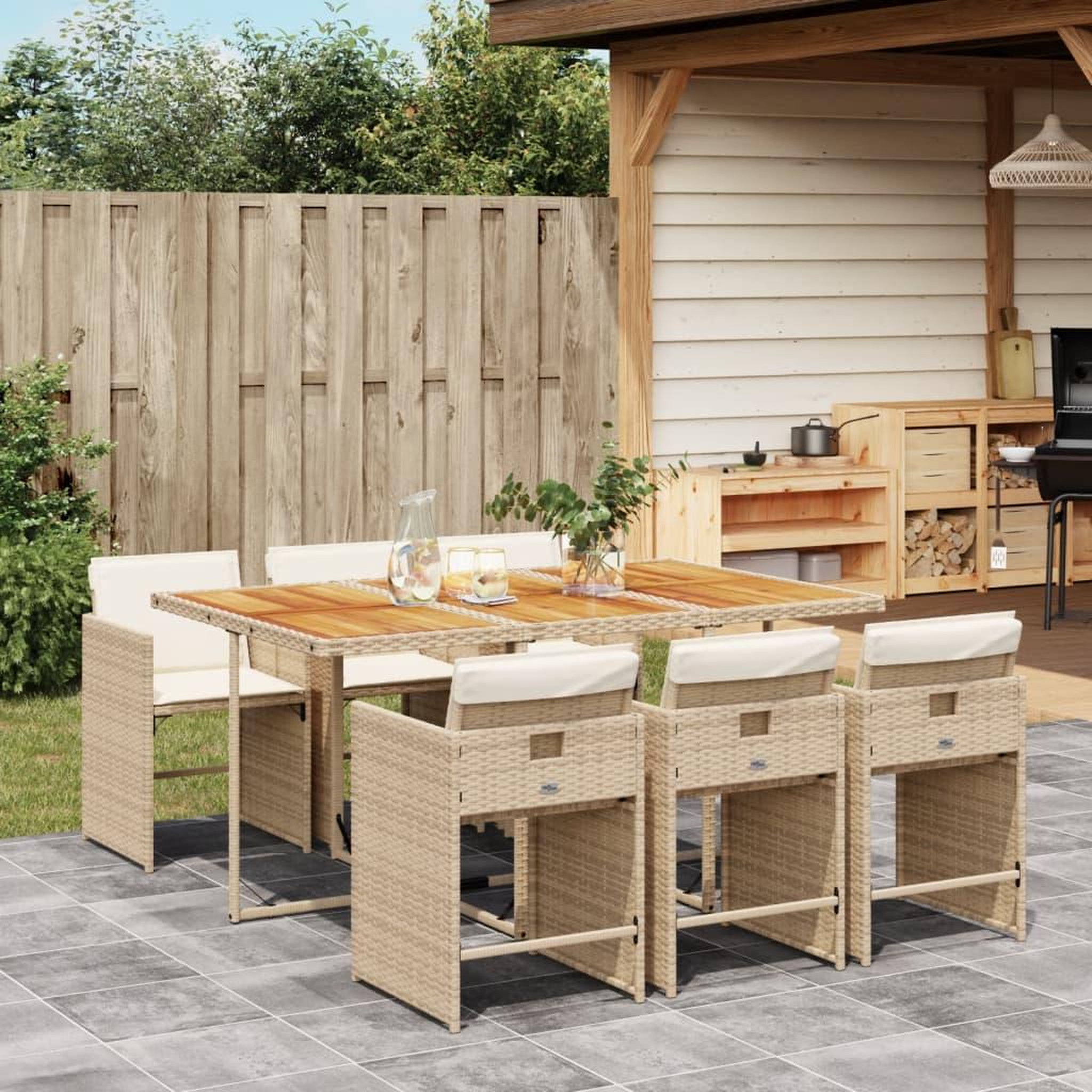 Voir la diapositive 1 : VIDAXL Ensemble a manger de jardin et coussins 7 pcs beige poly rotin