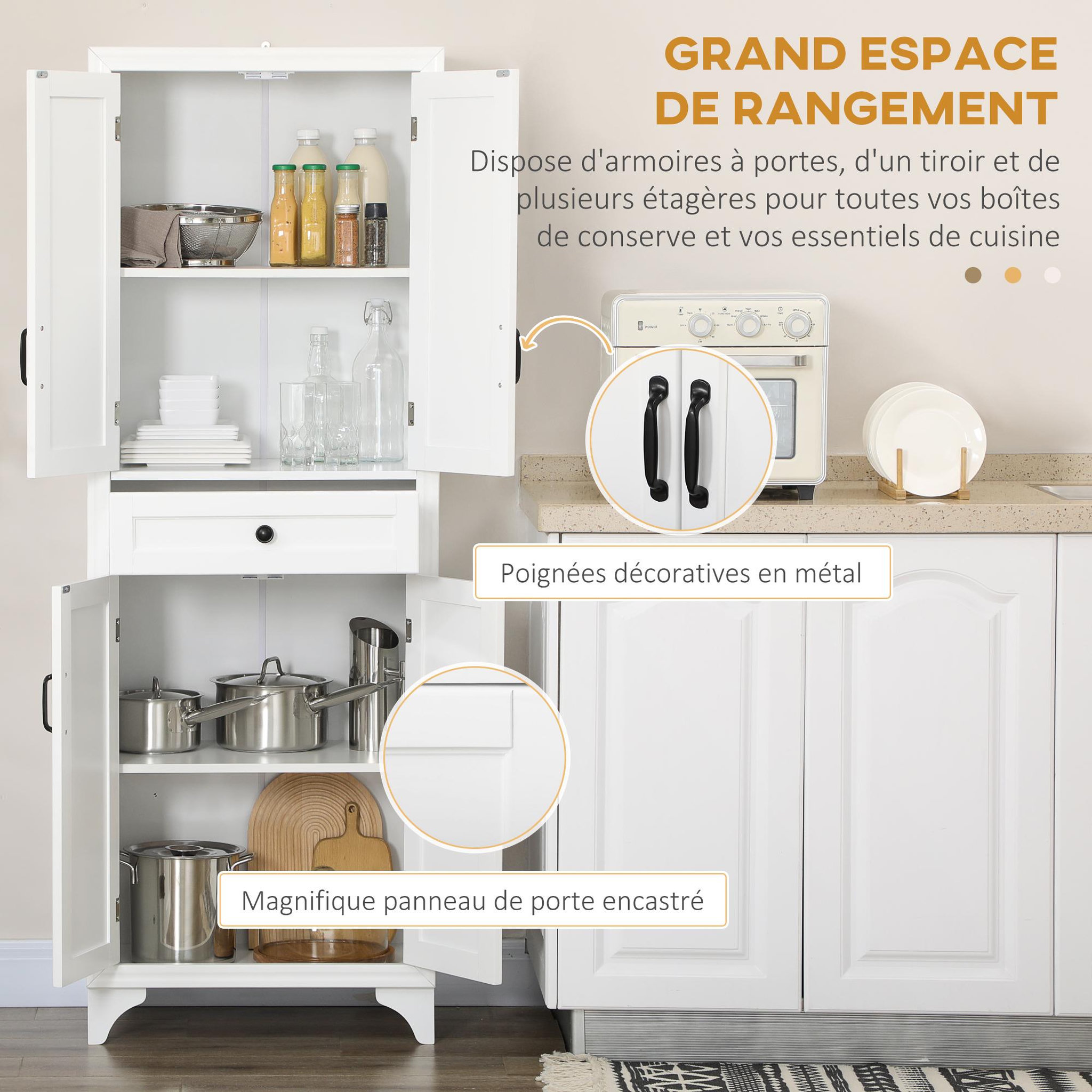 Voir la diapositive 4 : HOMCOM Buffet haut 4 portes 2 étagères tiroir coulissant MDF blanc