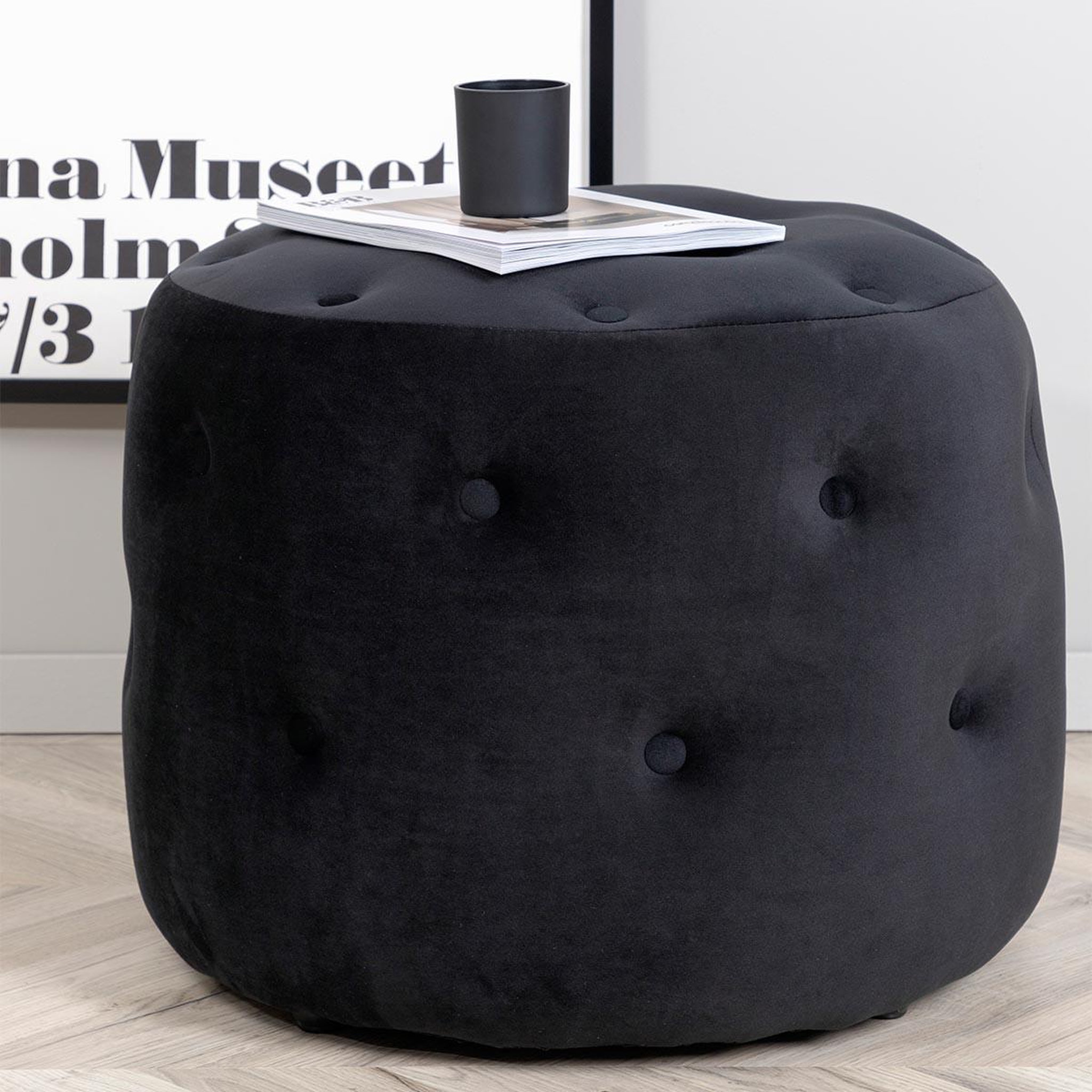 Voir la diapositive 2 : Paris Prix Pouf capitonné en velours  benjamin  55cm noir