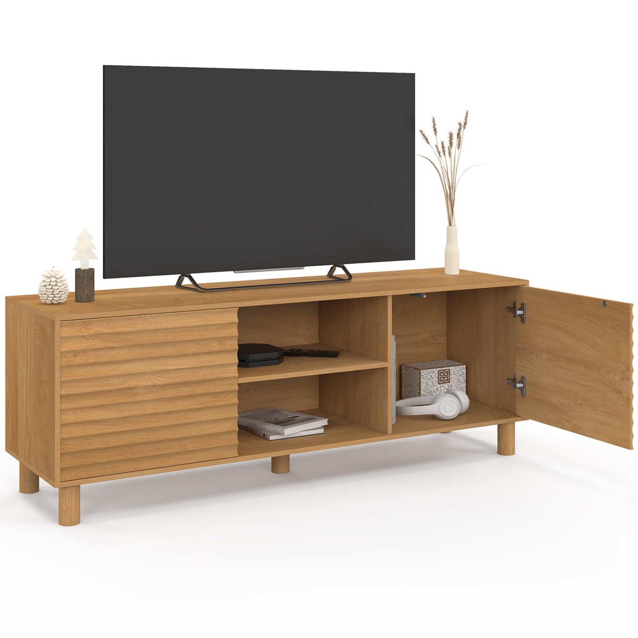 Voir la diapositive 4 : ID MARKET Meuble tv 140 cm julie 2 portes lattes tasseau bois coloris chêne