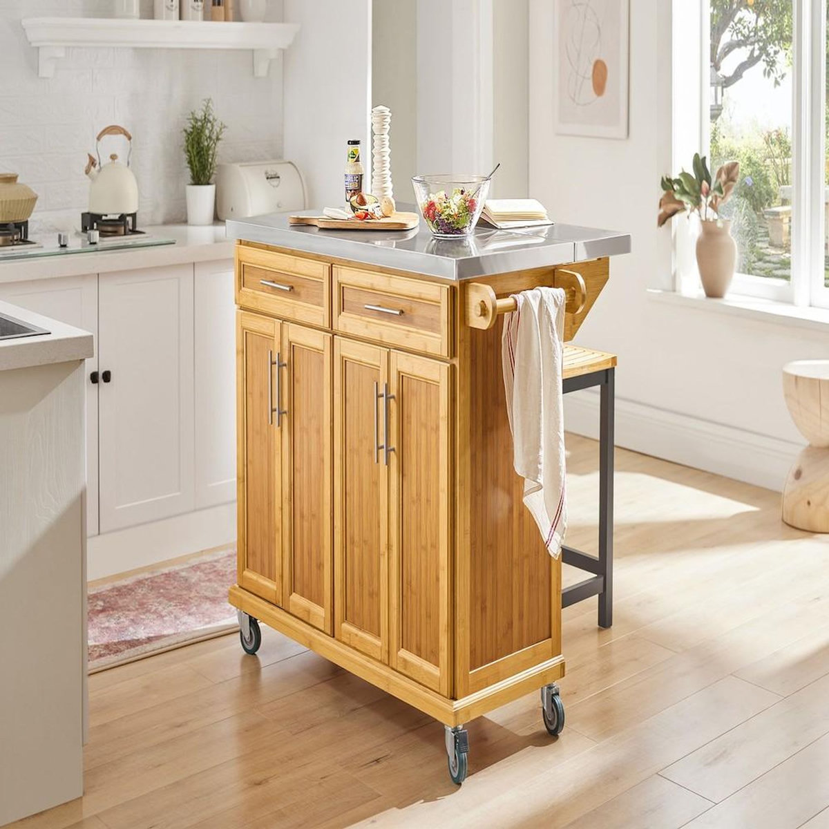 SOBUY SoBuy - Îlot De Cuisine à deux tiroirs - Couleur Bois - 115x71x92cm - Fonctionnel - FKW69-N